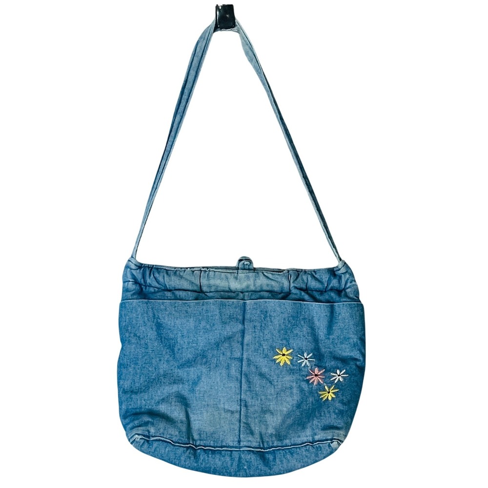 Fabri-bags Shoulder Bag WOMENS Medium Blue Denim Floral Embroidered Vintage Boho